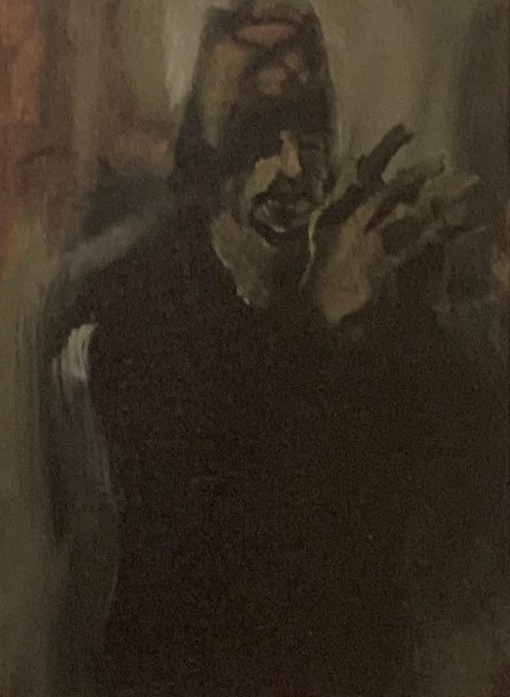 Jimmy Clapping: painted portrait with hands raised together in front of his chest