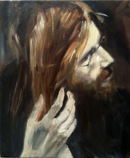 Painted portrait of a long-haired man with his hand beside his hair