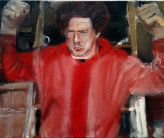 Painted portrait of a man in a red shirt raising both fists